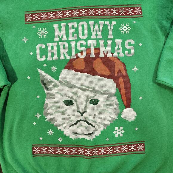 Jerzees Grumpy Cat Meowy Christmas Sweatshirt Unisex Green Size Large Holiday - Picture 2 of 8